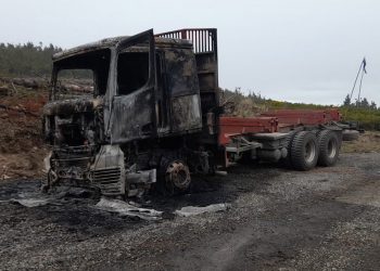 11 DE ABRIL DE 2021 / TEMUCO
Dos camiones que desarrollaban faenas forestales fueron incendiados en Cholchol, región de La Araucanía.
FOTO: HECTOR ANDRADE /AGENCIAUNO